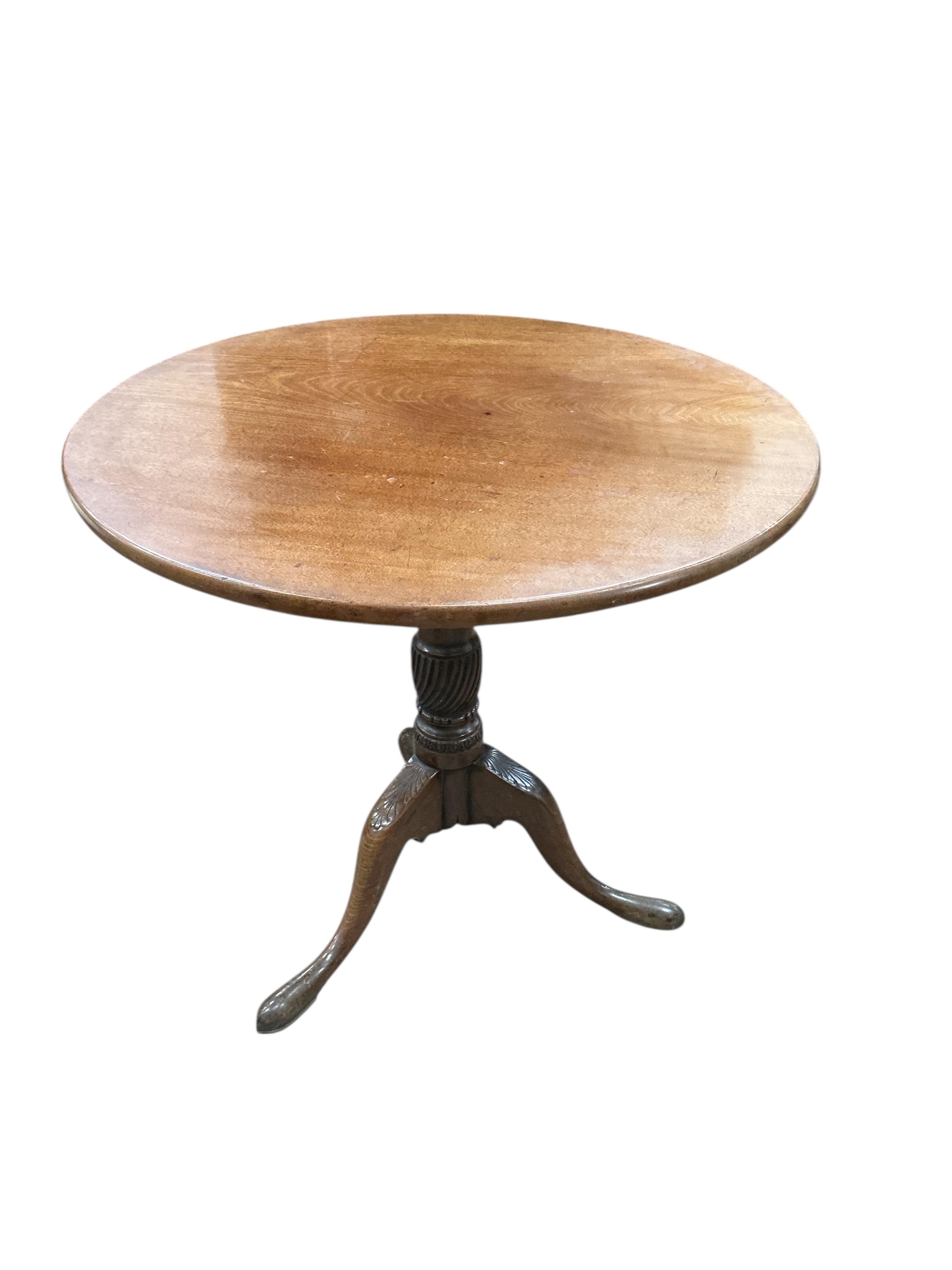 A George III and later circular mahogany tilt top tripod tea table, diameter 80cm, height 70cm